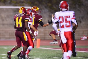 He pulls it in as he falls towards the goal line