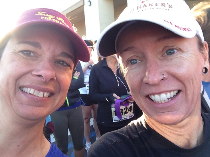 Smiling through chattering teeth at the start line. It was in the 40s.